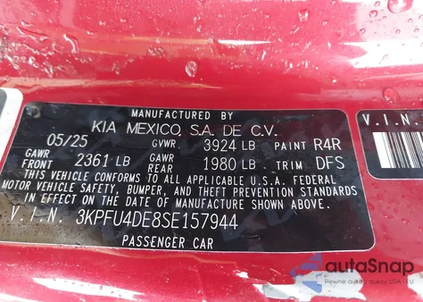 2025 Kia K4 Ex z USA, uszkodzony, nr VIN 3KPFU4DE8SE157944